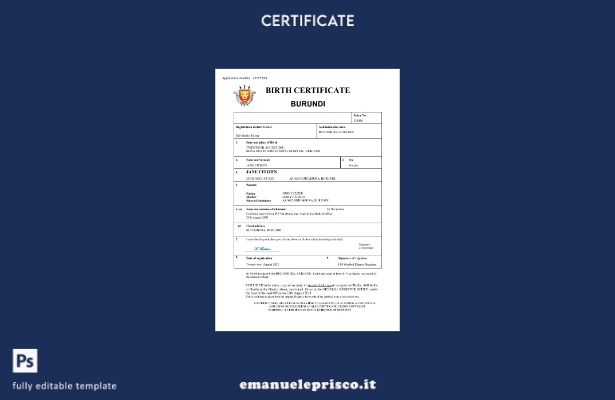 stile verificato Certificato di nascita dello stato di stato civile del Burundi 
